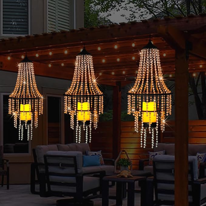 Hanging Candle Lantern Outdoor, 28” Battery Operated Modern Clear Acrylic Crystal Chandeliers with Flickering Yellow Led Candle Light S Hooks for Garden, Backyard, Gazebo, Room Indoor Indoor Decor