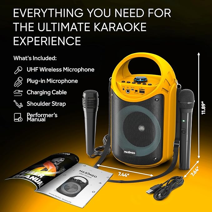 MASINGO Karaoke Machine for Kids and Adults with 1 Wireless Karaoke Microphone and 1 Wired Mic, PA Portable Speaker with LED Lights, Supports TF Card/USB, AUX/MIC in, TWS for Home Party, Burletta C10