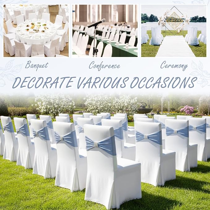 Moukeren 50 Pcs Spandex Chair Sashes with Buckles, Dusty Blue | Stretch Bands with Rhinestone Buckles, Universal Elastic Ribbons for Wedding Party Banquet Ceremony Birthday Event Decor - Image 7