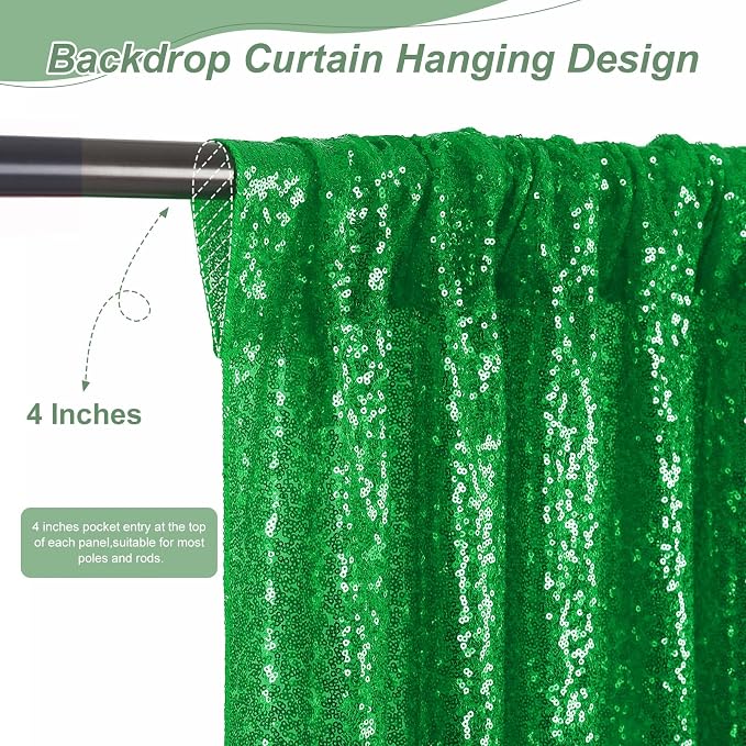 Green Sequin Backdrop Curtains-2 Panels 2FTx8FT Green Backdrop for St Patricks Day, Glitter Party Decorations Background Drapes for Wedding Birthday Anniversary Graduation Photo Booth Decor - Image 4
