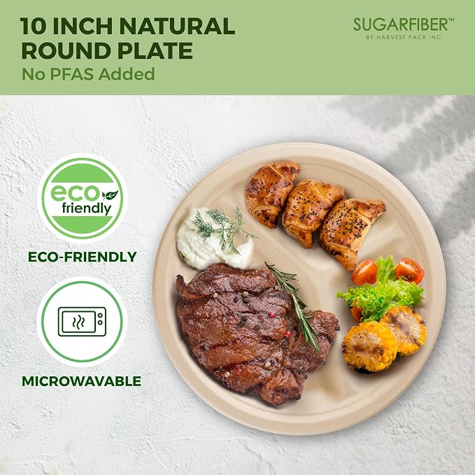 10 inch 3 COMP Nature Compostable Dinner Paper Plates for Party, 500 Count | Disposable,Biodegradable,Heavy-Duty,Natural,Bagasse,Microwavable, Eco-Friendly,Sugarcane,Plant Fibers,Sugarfiber,PFAS Free - Image 4