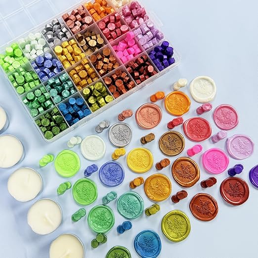 Wax Seal Kit, 624 Pcs 24 Colors Sealing Beads, 1 Pcs Stamp,Sealing Wax Warmer, Metallic Pen, 10Pcs Envelope, 8Pcs Tea Candles for Wedding Birthday Gift and DIY Craft