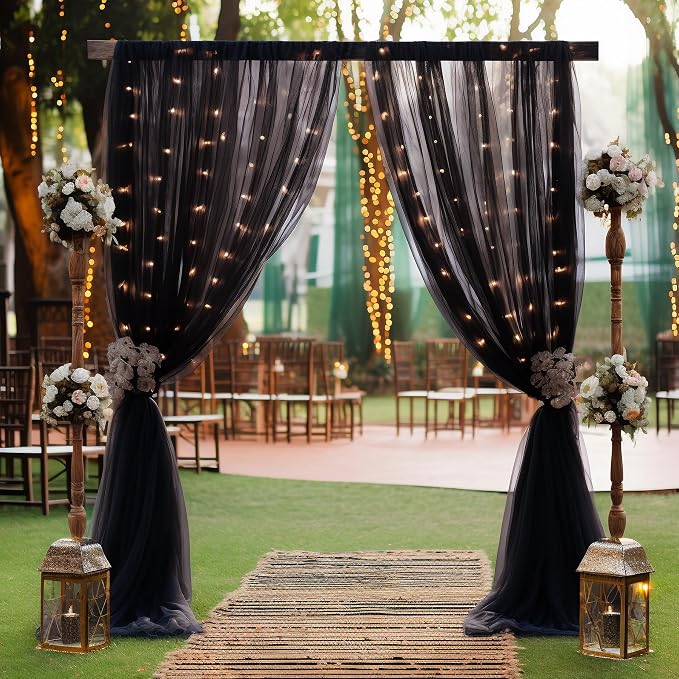 10ft x 8ft Black Backdrop Curtain with Lights String for Parties, Sheer Tulle Wedding Photo Backdrops Drapes for Baby Shower Birthday Party Decorations Background for Photography - Image 6
