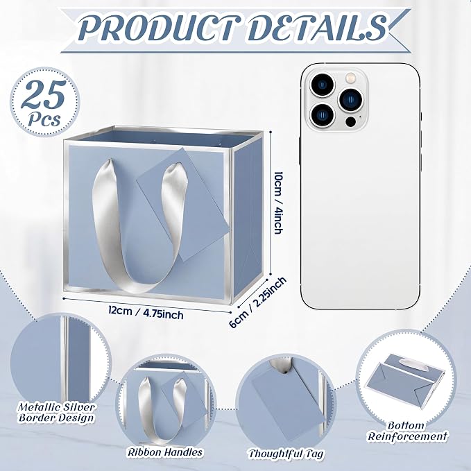 Yeaqee 25 Pcs Mini Metallic Paper Gift Bags with Handle, Dusty Blue, Silver | 4.75x2.25x4'' Small Gift Bag with DIY Tag, Tiny Thank You Party Favor, Wedding Baby Shower Birthday Back to School Jewelry - Image 2