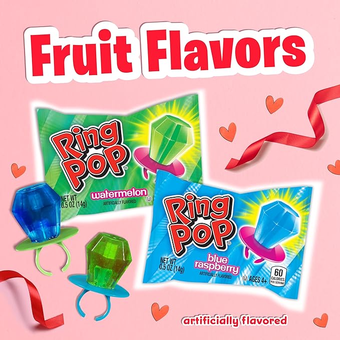 Ring Pop Candy,Valentine's Lollipops,20 Ct Party Favors in Assorted Fruity Flavors - Full Size,Fun Hard Candy For Birthday Parties,Valentine's Gifts,Goodie Bags,Party Favors,(Pack of 2)