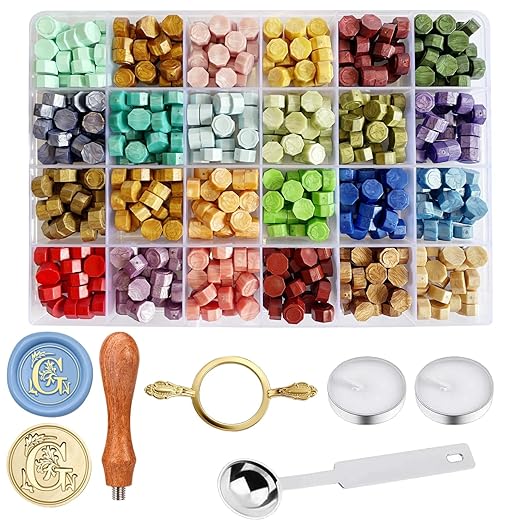 Wax Seal Stamp Kit - Sealing Wax Beads in 24 Colors with Personalized Letter Stamp,Steel Melting Spoon,Tea Candles and Round Molds – Perfect for Wedding Invitations,Envelopes(G)