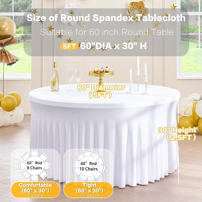 4Pack White Round Spandex Tablecloths for 60 inch Table, Stretchy Wrinkle Free 120inch Fitted 5FT Round Table Cloths Cover with Skirt for Wedding Birthday Party Dining Banquet Events - Image 6