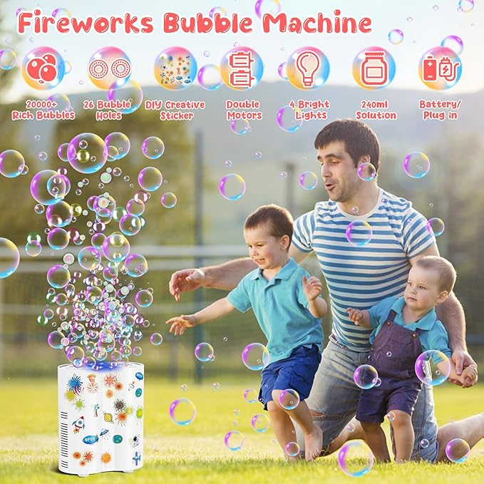 Panamalar Fireworks Bubble Machine, Automatic Bubble Blower Maker for Kids 20000+ Bubbles per Min, 26 Holes Bubble Machine with Lights/240ml Solution, DIY Sticker Bubble Toys for Outdoor Party Wedding