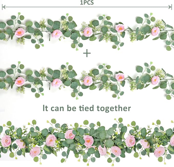 TOCHGREEN 2 Pack 13Ft Artificial Eucalyptus Flower Garland with Pink Roses | Fake Rose Flower Greenery Garland Floral Vines for Wedding Centerpiece Backdrop Home Party Table Runner Valentines Day Decor - Image 6