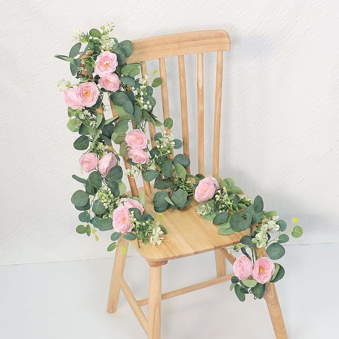 TOCHGREEN 2 Pack 13Ft Artificial Eucalyptus Flower Garland with Pink Roses | Fake Rose Flower Greenery Garland Floral Vines for Wedding Centerpiece Backdrop Home Party Table Runner Valentines Day Decor - Image 7