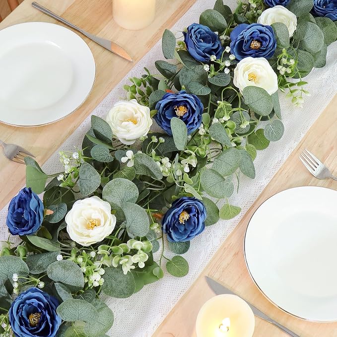 TOCHGREEN 4 Pack Artificial Eucalyptus Flower Garland with White Blue Roses | Fake Rose Flower Greenery Garland Floral Vines for Wedding Centerpiece Backdrop Home Party Table Runner Decor - Image 2
