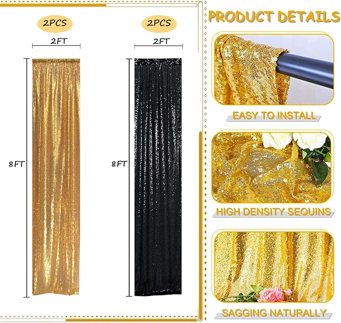 Black Gold Sequin Backdrop Curtain 4 Panels 2FTx8FT - Image 2