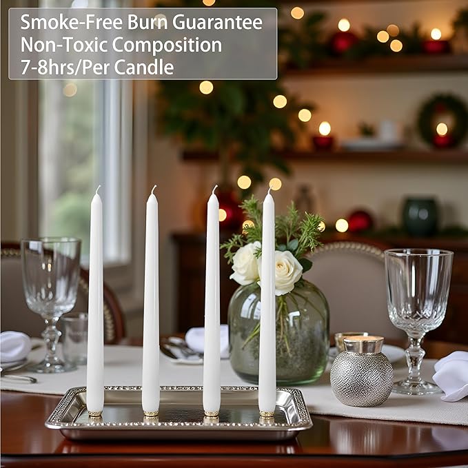 24 Pack White Taper Candles丨Taper Candles 10 Inch Dripless丨Unscented & Smokeless Candlesticks Bulk丨7-8 Hours Long Burning Tall Candles丨Ideal for Christmas Weddings Parties Dinner