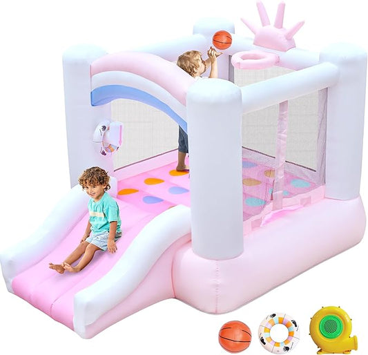 Bestsun Inflatable Bounce House for Kids, 104" X 72" X 71" Bouncy Castle for Ages 3-8, Bouncer with Slide, Jumping Area, Basketball Hoop, Twister Game, Blower Included