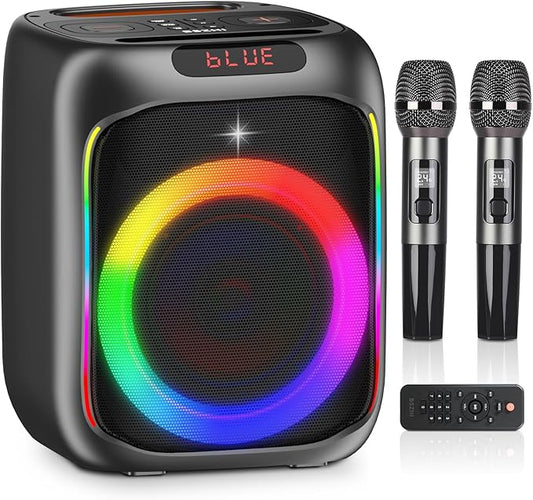 Karaoke Machine with 2 Wireless Microphones, 80W Portable Bluetooth Speaker, Party Speaker with LED Colorful Lights TWS Pairing, Karaoke Speaker Supports for Mic Input,USB,AUX,TF Card