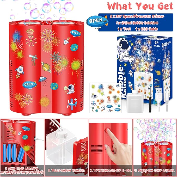 Panamalar Fireworks Bubble Machine, Automatic Bubble Blower 20000+ Bubbles per Minute for Kids, 26 Holes Bubble Machine Maker with Lights/240ml Solution/DIY Sticker for Outdoor Party Wedding Garden