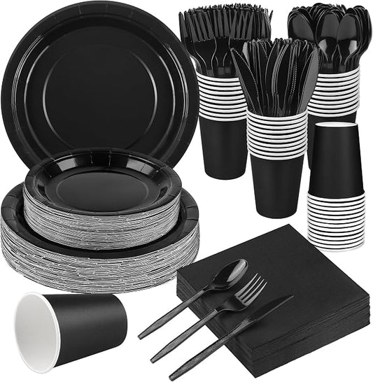 Kochorie 350 Pieces Black Dinnerware Set, 7 & 9 inch Dessert Paper Plates Cups Napkins Plastic Cutlery Disposable Party Supplies for Birthday Baby Shower Wedding, Serve 50 Guests by Kochorie