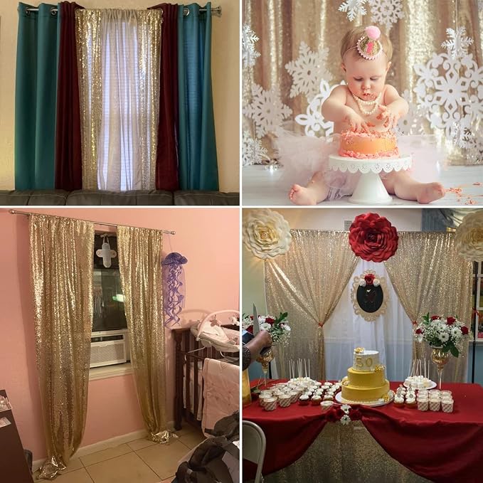 Champagne Backdrop Curtain 2FTx8FT 4 Panels Sequin Backdrop Curtain Glitter Backdrop Photo Background for Wedding Baby Shower Parties - Image 3