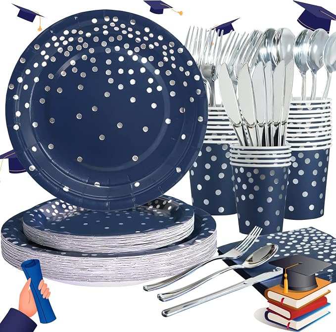 168Pcs Navy Blue Plates and Napkins Party Supplies, Navy Blue Paper Plates Serve 24, blue and Silver Party Decorations, for Fathers Day, Graduation, 4th of July, Hanukkah Party (Pack of 2) - Image 8