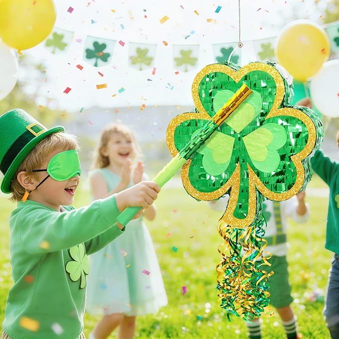 WERNNSAI St Patricks Day Pinata - St Patricks Day Party Game Green Shamrock Decorations for Festival Celebrations Supply Summer Lucky Charm Decor with Bat Blindfold