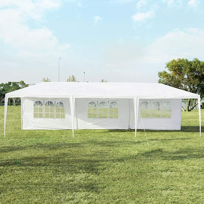 Tangkula 10' x 30' Party Tent, Portable Outdoor Tent with 5 Removable Sidewalls, and Connection Stakes, Ropes, Suitable for BBQ, Beach, Garden and Outdoor Events, Wedding Tent, White