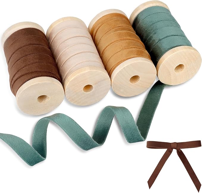 Velvet Ribbon Set - 3/8" x 20Yd, 4 Rolls Double Faced on Wooden Spool for Gift Wrapping, Christmas Decoration, Wreaths, Bows Making (Dusty Green-Brown-Khaki-Nude) Febwind