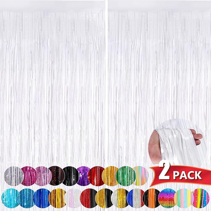 White Metallic Tinsel Foil Fringe Curtains, 2 Pack 3.3x8.3 Feet Streamer Backdrop for Birthday Wedding Christmas Easter, New Year’s Eve Decor, White Tinsel Backdrop for Valentines Day Decorations