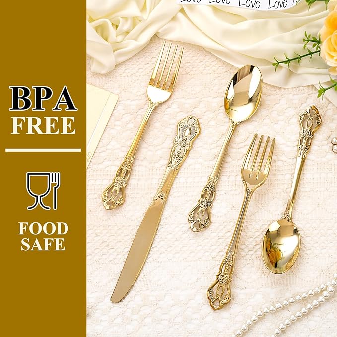 40PCS Gold Plastic Silverware - Heavy Duty Elegant Disposable Utensils - Gold Plastic Cutlery Set Includes 20 Forks, 10 Spoons, 10 Knives for Dinner, Parties, Weddings (Pack of 2)