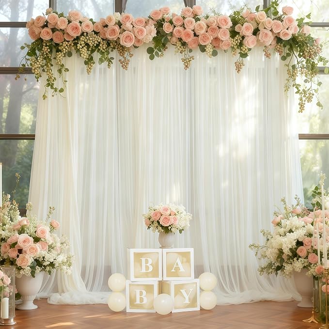 10x10 Ivory Tulle Backdrop Curtains for Parties, Sheer Backdrop Curtain Wedding Photo Background Drapes for Baby Shower Photography Birthday Party - Image 2