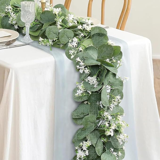 KHOYIME Eucalyptus Garland with White Flowers, 2 Packs 5.9Ft Artificial Silver Dollar Eucalyptus Leaves Plant Fake Greenery Hanging Ivy Vines Faux Wreath for Wedding Arch Party Mantle Table Home Decor | KHOYIME Faux Silver Dollar Eucalyptus Leaves Fake... - Image 2