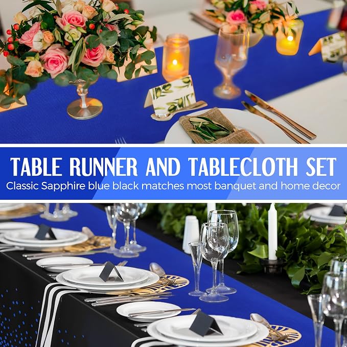 8 Pack Black and Blue Tablecloths and Satin Runners Set | 54x108 Inch Disposable Tablecloth and 12x108 Inch Satin Runners for Wedding Birthday Party Baby Shower Christmas New Year - Image 5