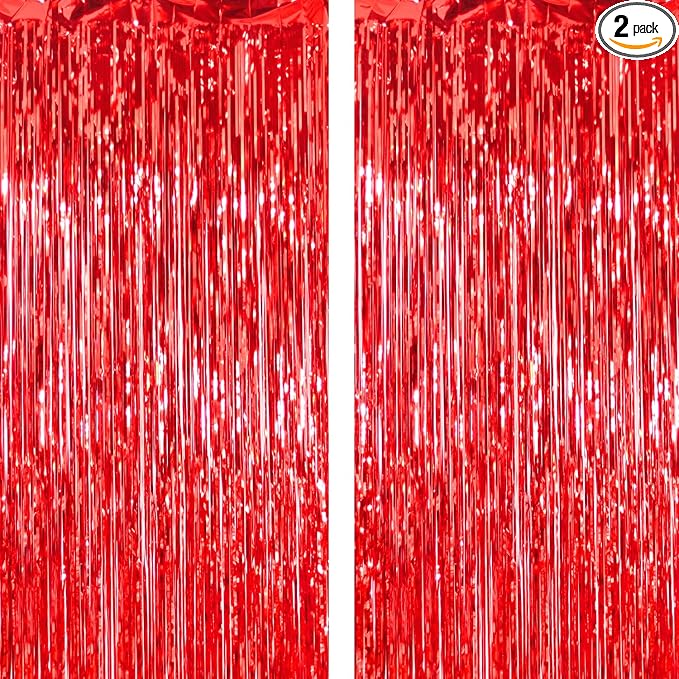2 Pack Thickened Red Metallic Foil Fringe Curtains Streamer Rip Resistant Shimmer Tinsel Photo Booth Backdrop for Birthday Wedding Christmas Bachelorette Party Decorations 3.28ft x 6.56ft