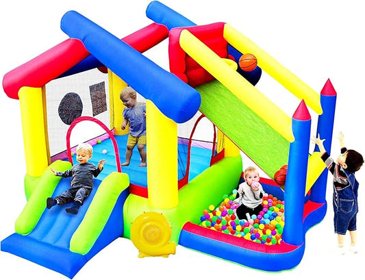 Inflatable Bounce House with Slide, Jumping Castle with Blower and Ball Pool, Basketball Game, Dart Target Game
