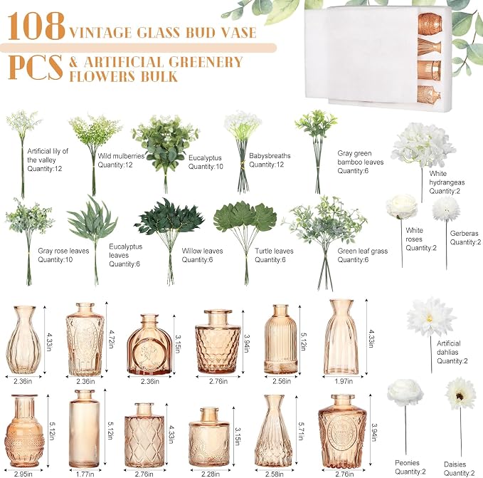 FoldTier 108 Pcs Artificial Flowers in Vase 96 Pcs Faux Greenery Stem Table Centerpiece Fake Plants Silk Roses Arrangement 12 Pcs Glass Vase Sets for Wedding Bathroom Home Dining Decor(Champagne) - Image 2