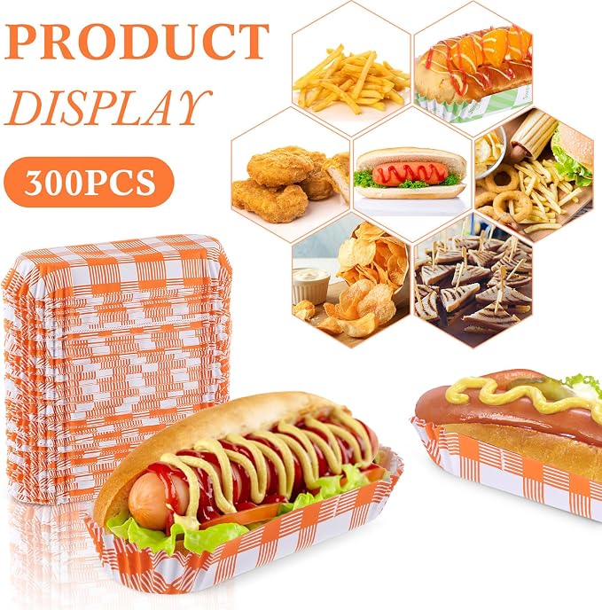 Yinkin 300 Pcs Paper Hot Dog Trays Food Trays 6 Inch,Orange,Checkered | Checkered Boats for Concession Stands Disposable Hot Dog Holder Halloween Christmas Party Carnival Supplies Serving Holders - Image 3