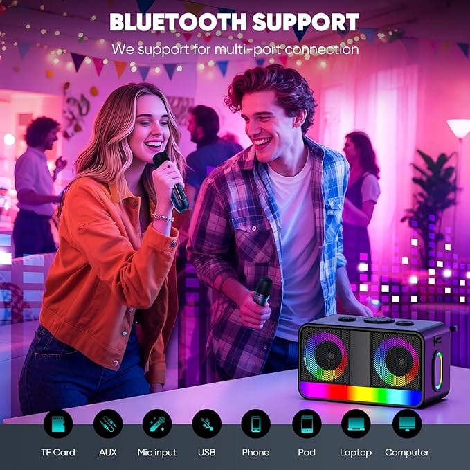 Karaoke Machine, Real 35W Portable Speaker,8H Long Time, 2 Rechargeable Wireless Microphones,LED,Karaoke Machine for Adults & Kids,BT/FM/USB/TF/AUX,for Home Party/Outdoors(CHJ171-Black)