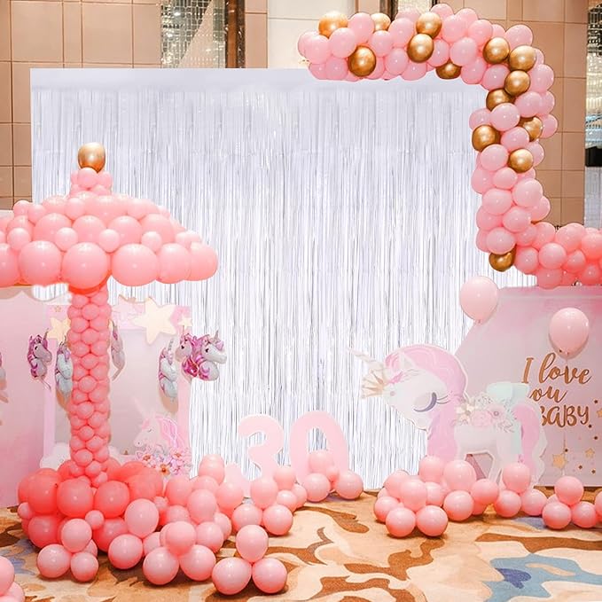 White Metallic Tinsel Foil Fringe Curtains, 2 Pack 3.3x8.3 Feet Streamer Backdrop for Birthday Wedding Christmas Easter, New Year’s Eve Decor, White Tinsel Backdrop for Valentines Day Decorations