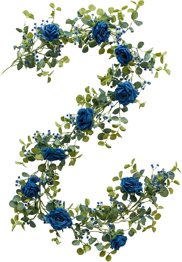 Anna's Whimsy 5.91FT Artificial Eucalyptus Garland with Flowers, Fake Rose Gypsophila Garland, Faux Floral Garlands for Wedding Spring Home Party Craft Art Table Runner Decor (Blue, 1) by AnnasWhimsy