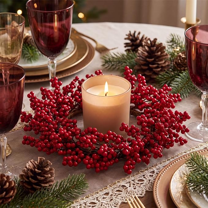 Christmas Round Placemat Set of 12 Artificial Berry Wreath Charger | Circular Xmas Mats, Artificial Greenery Branch Place Mats, Winter Fake Berry Table Decor, Kitchen Dining Accessories - Image 4