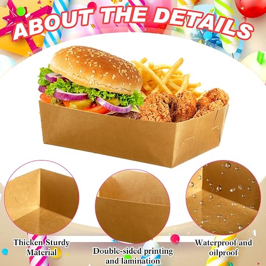 Uiifan 50 Pcs 5 lb Extra Large Paper Food Trays Disposable Food Boat Nacho Plate Serving Snack Trays Grease Resistant Self-assembly for Back to School Party Birthday Wedding Supply (Brown Kraft) - Image 4