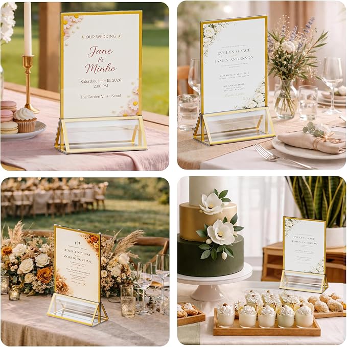 6"x8" Clear Acrylic Tabletop Sign Holder with Gold Frame, 12 Pack | Double Sided, Menu Flyer Picture Paper Table Numbers Stand for Wedding, Party, Restaurant, Display Stand - Image 8