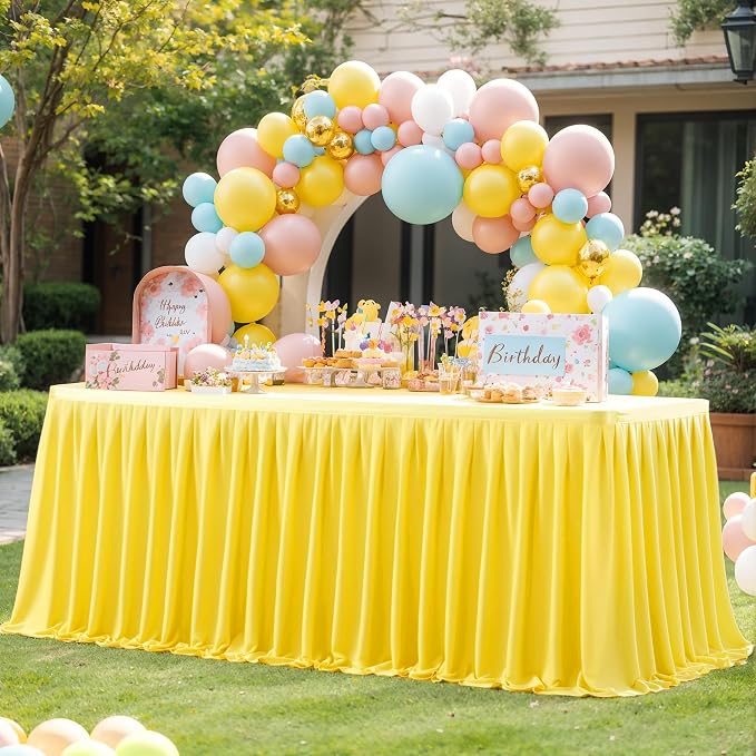 Wish Care Yellow Polyester Table Clothes for 8 Foot Rectangle Tables, Wrinkle Free Fitted Table Cover with Pleated Ruffle Table Skirt for Birthday Party Wedding Trade Show Event Display - Image 3