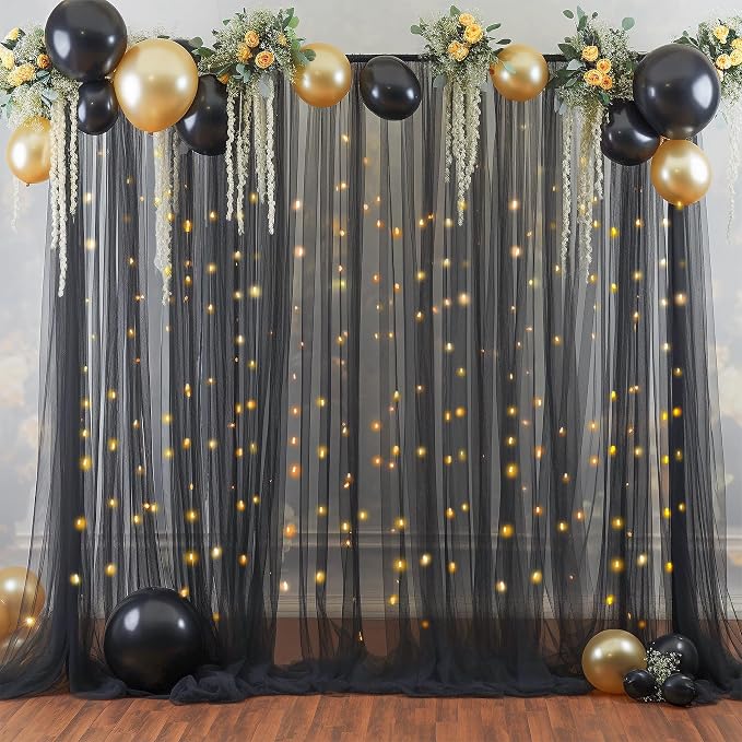 10ft x 8ft Black Backdrop Curtain with Lights String for Parties, Sheer Tulle Wedding Photo Backdrops Drapes for Baby Shower Birthday Party Decorations Background for Photography - Image 7