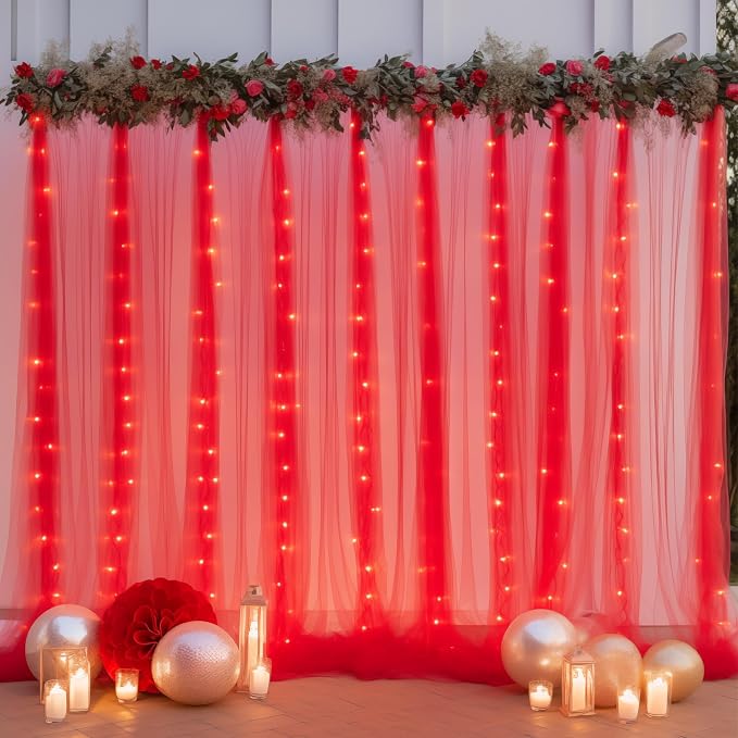 10ft x 8ft Red Backdrop Curtain with Lights String for Parties, Sheer Tulle Wedding Photo Backdrops Drapes for Baby Shower Birthday Party Decorations Background for Photography by Shillance