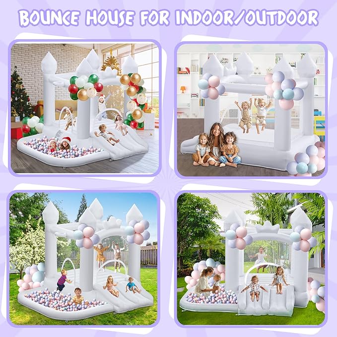White Bounce House, Inflatable Bounce Castle with Double Slide Ball Pit 370W Blower Bouncer for Toddler, Bounce House Bouncy Castle for Indoor Outdoor Backyard Wedding Kids Birthday Party