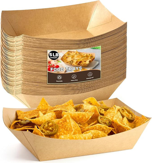 ZORRITA 50 Pack 5 LB Extra Large Paper Food Trays | Disposable, Kraft Paper, Nacho Trays, Food Boats, Party Serving Baskets, For Sandwiches Burgers Popcorns Snacks by ZORRITA