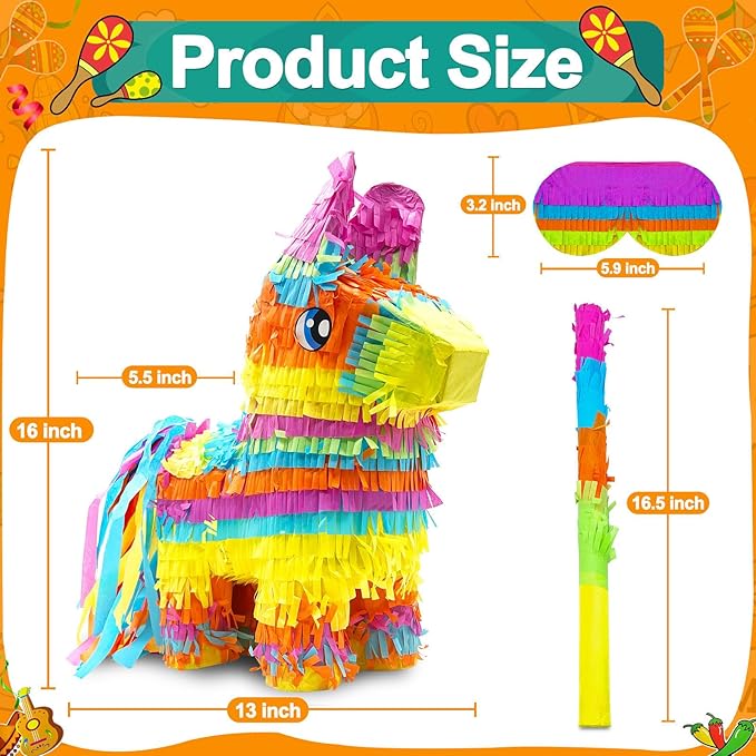 16" Cinco de Mayo Pinata, Large Rainbow Color Donkey Pinata 16 x 13 x 5.5 ln with Stick and Blindfold for Fiestas Mexican Party Decoration, Photo Prop, Taco Tuesday Event