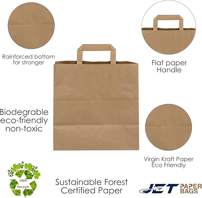 JET PAPER BAGS - 11”x6”x11.5” (50 Pcs) Brown Paper Bags with Flat Handles - Ideal for DIY, Takeout, Grocery, Goody, Retail, Party, Craft, Gifts, Weddings - Recyclable - Image 9