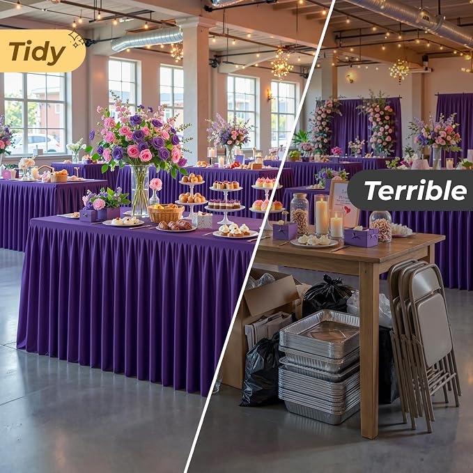 Purple Polyester Table Cloths for Rectangle 8 Foot Tables, 1 Pack Wrinkle Free Tablecloths Stretchy Banquet Ruffle Fitted Table Cover Desk Skirt for Parties Wedding Birthday Baby Shower - Image 6