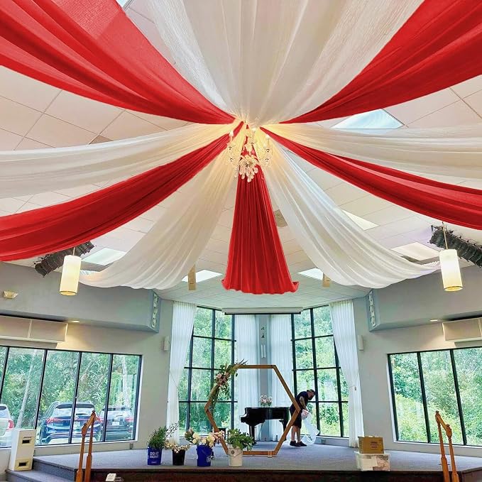 MODFUNS 4 Panels Red Ceiling Drapes 5FTx20FT Chiffon Fabric Draping Fabric Sheer Wedding Ceiling Drapery Chiffon Curtains for Backdrop Swag Drape Curtains for Wedding Arches Anniversary Tent Draping - Image 2